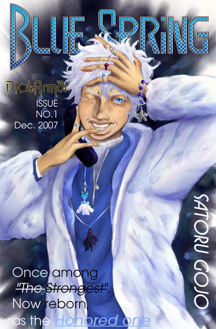 A fashion Magazine Inspired artwork of Satoru Gojo from Jujustu Kaisen