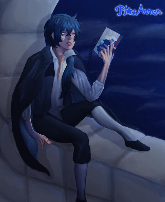 Art of Vanitas of the Blue moon looking out towards the night sky